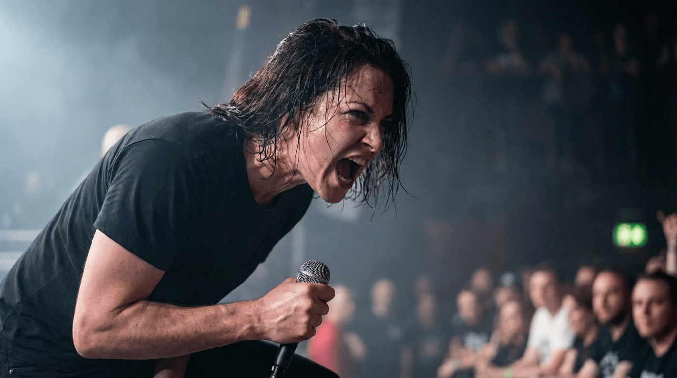 A man singing intensely into a microphone on stage at a crowded live concert.