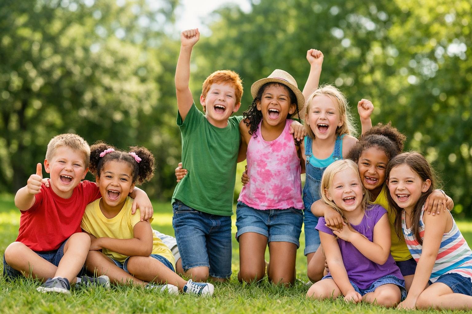 Group of smiling diverse children sitting and kneeling on grass outdoors