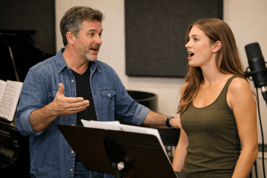 A man coaching a woman singing with sheet music and piano in background