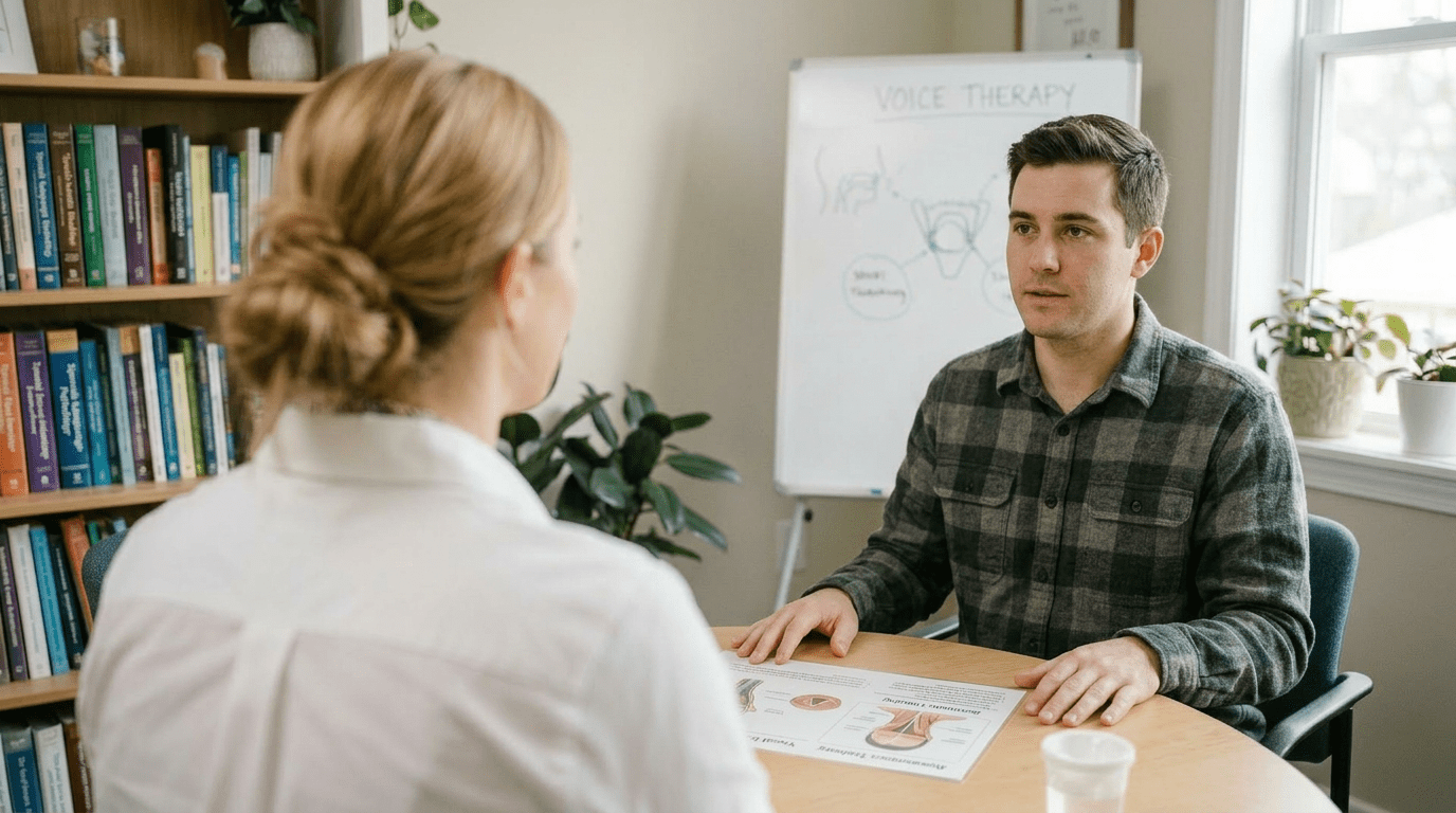 Speech therapist demonstrating vocal exercises to a man during voice therapy