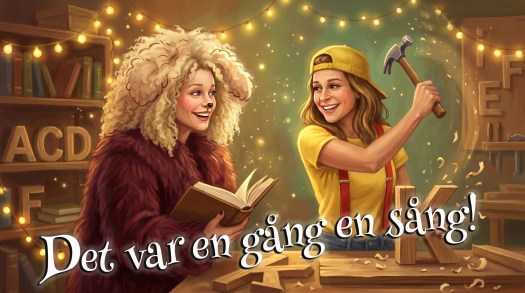 Två leende tjejer i en bokhylla, en med lockigt hår i en fluffig kappa som håller en bok, och den andra i gul t-shirt och keps som håller en hammare. Texten 'Det var en gång en sång!' syns nedanför.