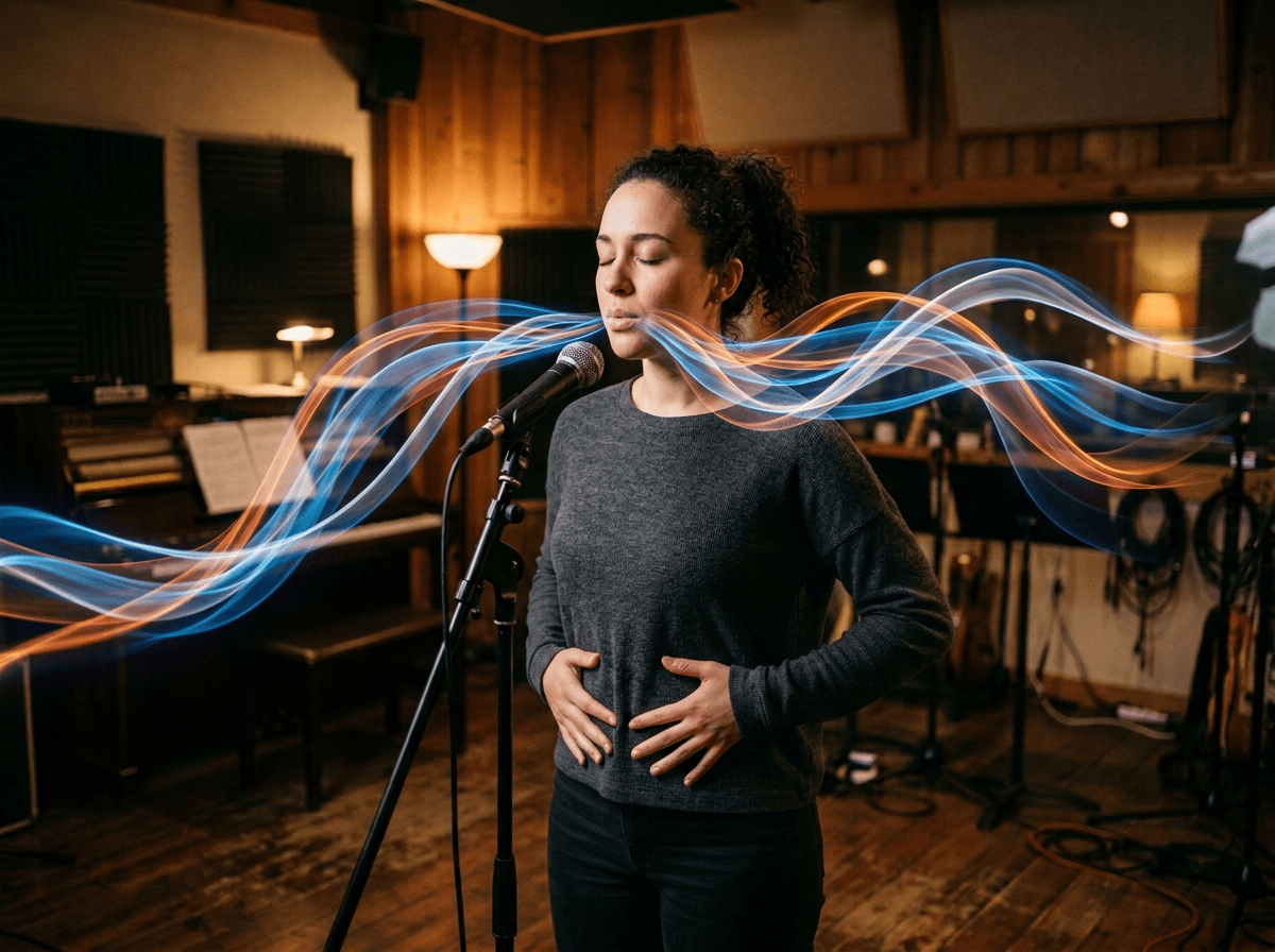 Singer practicing breath control at a microphone with colorful sound waves