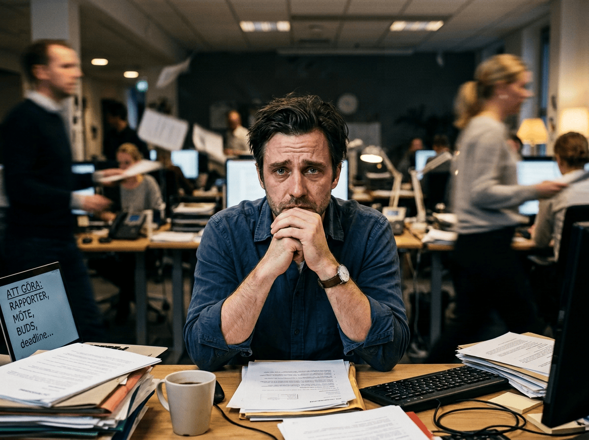 Worried man at desk surrounded by paperwork; text reads “JAG BORDE HA GJORT...”, “DEADLINE IMORGON!”, “FÖRLÅT”, “RAPPORTER”, “MÖTEN”, “SKULD”, and “ATT GÖRA: RAPPORTER, MÖTEN, BUDS, deadline...”