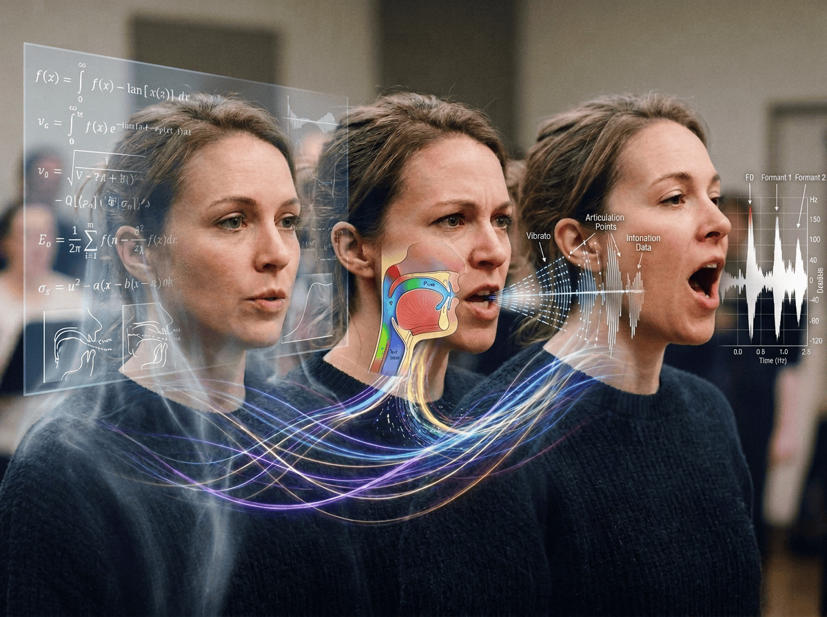 Layered portrait of a woman singing with a choir
