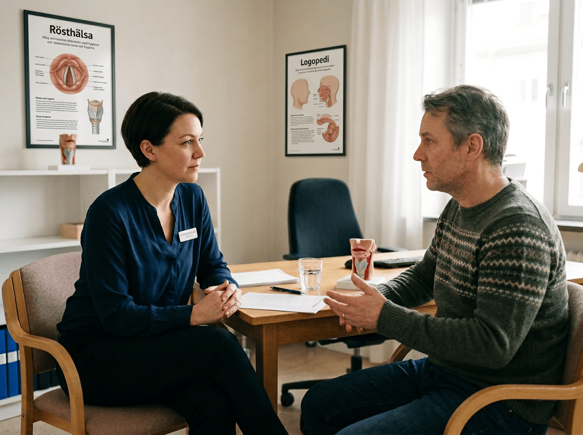 Speech therapist taking notes while speaking with a male patient